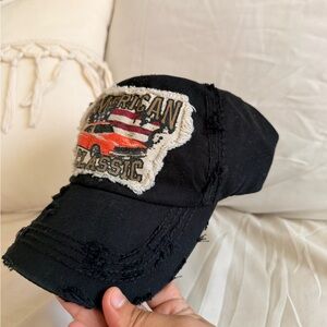 Classic America Cotton Strapback Cap Black With Distress (Unisex) ✨